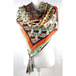 Johnny Was 100% Silk Tassel Scarf Floral Print Square Shawl Wrap 42x42 Boho